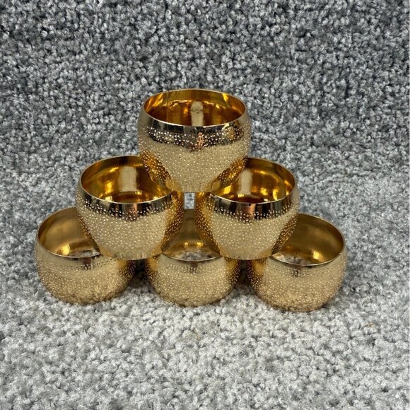 Gold Tone Metal Band Napkin Rings Set of 6 Textured Design Kitchen Dining Use - Picture 9 of 12